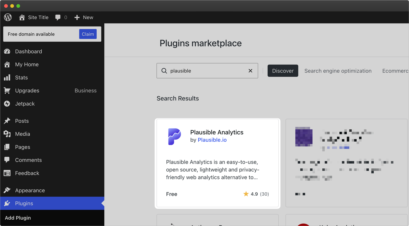 Search and install the \"Plausible Analytics\" WordPress plugin Search and install the "Plausible Analytics" WordPress plugin